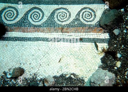 Campi Flegrei, Pozzuoli, Frühjahr 1980, Unterwasseraufnahmen der unter Wasser liegenden Ruinen des Portus Iulius. Der Hafen wurde 37 v. Chr. von Marco Vispanio Agrippa als militärische und zivile Struktur gebaut. Portus Iulius wurde im 4. Jahrhundert aufgrund der fortschreitenden Absenkung der Küstenlinie durch Bradytismus aufgegeben. Der römische Hafen wurde 1956 dank Luftaufnahmen des Militärpiloten Raimondo Bucher wiederentdeckt. Das Gebiet wird noch untersucht und vermessen. Ein vielfarbiges Mosaik. Stockfoto