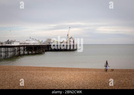Wandern mit dem Hund am Brighton Beach während der Sperre Stockfoto