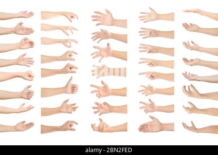 Sammlung von menschlichen Händen in mehreren Gesten isoliert auf weißem Hintergrund mit Beschneidungspfad. Stockfoto