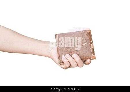 Alte Brieftasche in der Hand mit isoliertem auf weißem Hintergrund mit Clipping-Pfad. Stockfoto