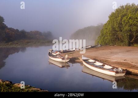 Inchigeelagh, Cork, Irland. Mai 2020. Fünf kleine Ruderboote, die an einem Ponton auf dem Fluss Lee festgebunden sind, während der Nebel am frühen Morgen vor Inchigeelagh, Co. Cork, Irland, aufhebt. - Credit; David Creedon / Alamy Live News Stockfoto