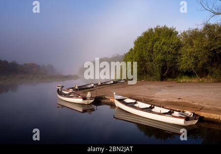 Inchigeelagh, Cork, Irland. Mai 2020. Fünf kleine Ruderboote, die an einem Ponton auf dem Fluss Lee festgebunden sind, während der Nebel am frühen Morgen vor Inchigeelagh, Co. Cork, Irland, aufhebt. - Credit; David Creedon / Alamy Live News Stockfoto