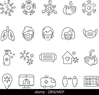 Satz von Symbolen medizinische Symbol Coronavirus Spezialisierung. Gesichtsmaske, Pillen, flüssige Handseife, medizinische Handschuhe, Medizinflasche Design-Element. Medizinisch Stock Vektor