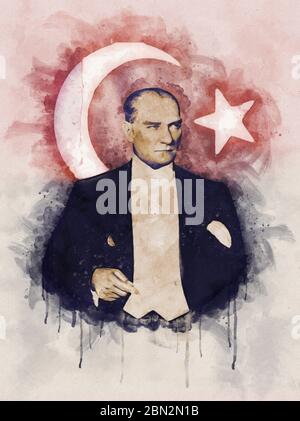 Aquarell Porträt Illustration von Mustafa Kemal Atatürk mit türkischer Flagge auf Hintergrund Stockfoto