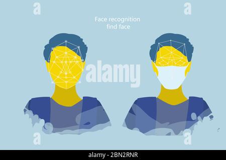 Gesichtserkennung in einer medizinischen Maske, Computer Vision Probleme in einer modernen Megalopolis während der Zeit der epidemiologischen Gefahr. Der Mann in einer Maske. Stock Vektor