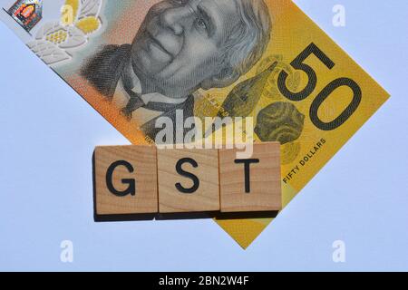 Australische Banknoten und die Abkürzung für Goods and Services Tax, GST Stockfoto