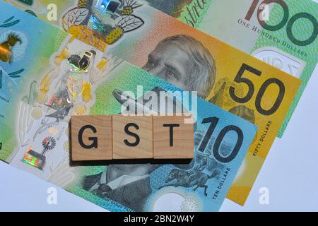 Australische Banknoten und die Abkürzung für Goods and Services Tax, GST Stockfoto