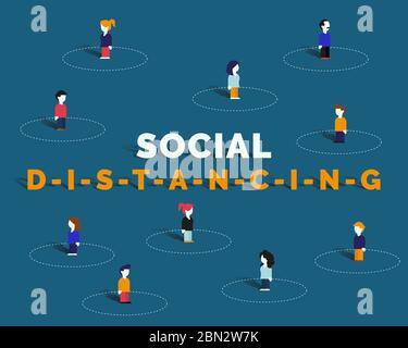 Vektordarstellung des sozialen Distanzierungskonzepts. Eine Gruppe von Menschen mit einem Sicherheitsbereich um sie herum, um einen sicheren Abstand zu halten und gegen das Coronavirus zu kämpfen Stock Vektor