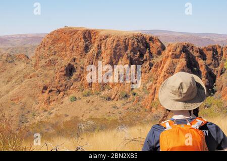 Backpacker mit Blick auf die Klippen in Trephina Gorge, Northern Territory, Australien 2017 Stockfoto