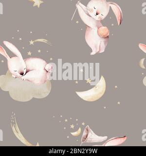 Niedliches Baby Kaninchen Tier Traumbild Komet mit goldenen Sternen in Nachthimmel, Waldbrunnenillustration für Kinderbekleidung. Baumschul-Hintergrundbild-Post Stockfoto