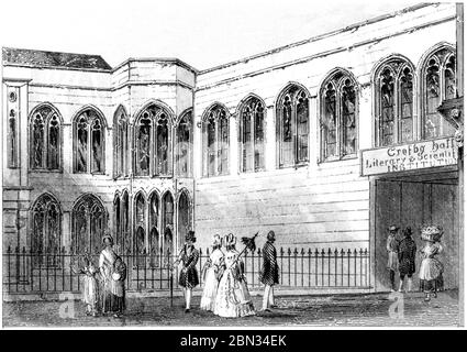 Ein Stich von Crosby Hall Bishopsgate Street London, gescannt in hoher Auflösung aus einem Buch, das 1851 gedruckt wurde. Ich glaubte, dass das Urheberrecht frei ist. Stockfoto