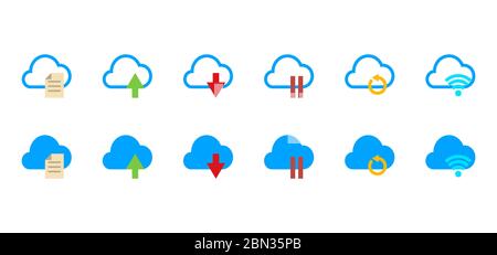 Symbolsatz der Cloud-Technologie Aktion, Dokument-Upload, Upload und dwonload Geschwindigkeit, Pause Sync, Cloud aktualisieren, Cloud aktualisieren Sync. Stockfoto
