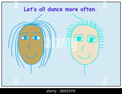 Farbzeichentrick zeigt zwei lächelnde und ethnisch vielfältige Frauen, die sagen, lassen Sie uns alle mehr tanzen. Stockfoto