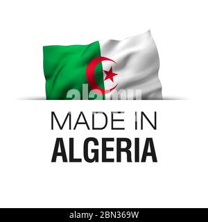 Made in Algeria - Garantie-Etikett mit einer wehenden algerischen Flagge. 3D-Darstellung. Stockfoto