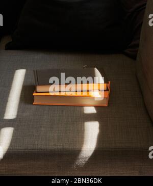 Sonnenlicht auf Büchern auf dem Sofa, die auf den entspannenden abendlichen Moment des Lesens warten Stockfoto