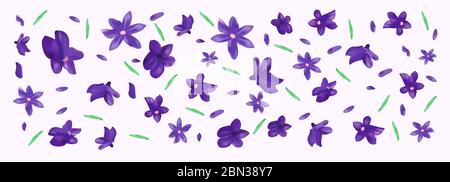 Realistische Blüten Lavendel mit grünen Blatt. Duftender Lavendel auf violettem Hintergrund. Schöne Lavendel Nahaufnahme. Violetter Lavendel in Bewegung.Draufsicht. 3d-Darstellung Stockfoto