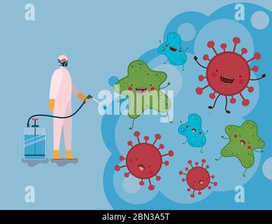 Man sprüht Covid 19 Virus mit Schutzanzug Vektor-Design Stock Vektor