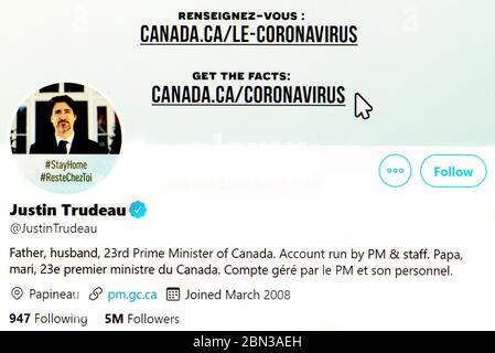 Twitter-Seite (Mai 2020) Justin Trudeau - Premierminister von Kanada Stockfoto