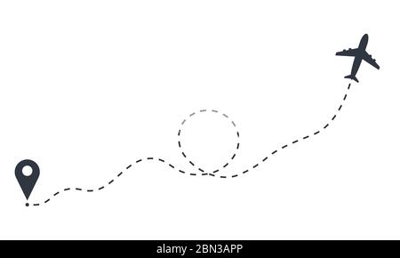 Flugstrecke von Abflug bis Ankunft. Flugweg. Flugbahn des Flugzeugs mit gestrichelter Linie. Stock Vektor