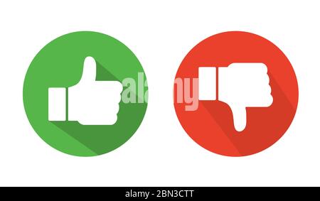 Daumen hoch Daumen runter rot und grün isolierte Vektor wie Social-Media-Zeichen. Stock Vektor