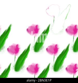 Vektor nahtlose Muster mit Illustration rosa Tulpen in Aquarell-Stil auf weiß Stock Vektor