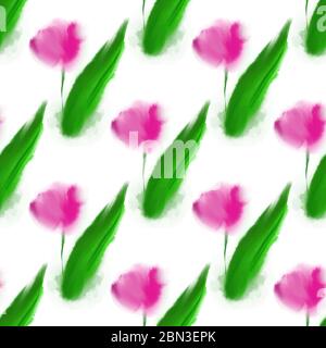 Vektor nahtlose Muster mit Illustration rosa Tulpen in Aquarell-Stil auf weiß Stock Vektor