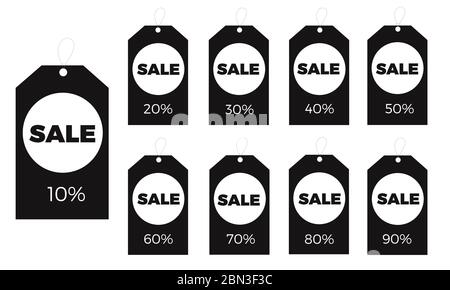 Sale Tags Set Vektor-Badges Vorlage, bis zu 10, 20, 30, 40, 50, 60, 70, 80, 90 Prozent Rabatt. Vorlagen für den Einsatz in Werbedesign, Web und Stock Vektor