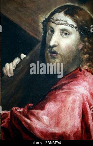 Gemälde, die Christus mit dem Kreuz. Öl auf caneva. Detail. Gemälde von Domenikos Theotokopoulos mit dem Namen El Greco (1540-1614). Frankreich. Stockfoto