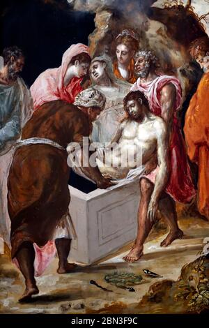 Die Entombment Christi. Öl auf caneva. Detail. Gemälde von Domenikos Theotokopoulos mit dem Namen El Greco (1540-1614). Frankreich. Stockfoto