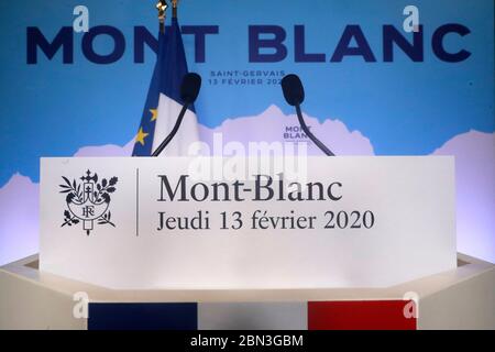 Der Französische Präsident Emmanuel Macron. Pressekonferenz. Saint-Gervais les Bains. Frankreich. Stockfoto