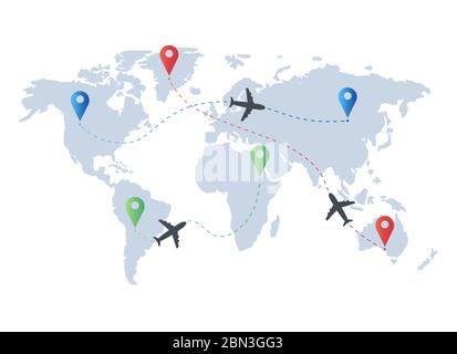 Flugstrecken auf der Weltkarte. Flugbahn. Flugbahn des Flugzeugs mit gestrichelter Linie. Stock Vektor