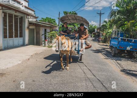 Rural Horse Cart mit Touristen in einer vietnamesischen Landschaft. Vietnam, Mekong Delta, 20. März 2020. Stockfoto