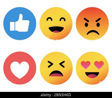 Emoticons gesetzt. Emoji Gesichter Emoticon Lächeln, digitale Smiley Ausdruck Emotion Gefühle, Chat Messenger Cartoon Emotes. Symbole für Vektorgrafik. Stock Vektor
