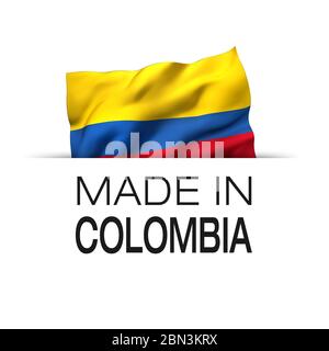 Made in Colombia - Garantie-Label mit einer winkenden kolumbianischen Flagge. 3D-Darstellung. Stockfoto