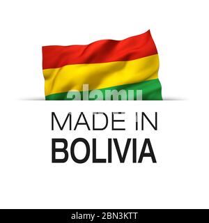 Made in Bolivia - Garantie-Label mit einer winkenden bolivianischen Flagge. 3D-Darstellung. Stockfoto