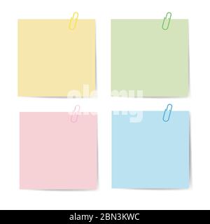 Notizpapier mit Büroklammer für Bürounterlagen. Verschluss, Büroklammer mit leerem Notizpapier. Klebebinder mit weißem Notizblatt. Satz von isoliert Stock Vektor
