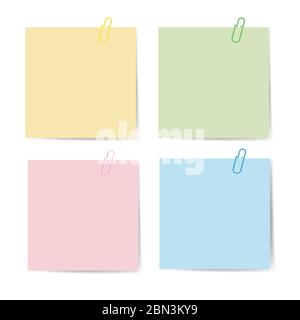 Notizpapier mit Büroklammer für Bürounterlagen. Verschluss, Büroklammer mit leerem Notizpapier. Klebebinder mit weißem Notizblatt. Satz von isoliert Stock Vektor