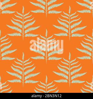 Farn Vektor nahtlose Muster Hintergrund. Moderne Waldpflanze mit orangefarbener Kulisse. Damaststil handgezeichnete geometrische botanische Laub Illustration Stock Vektor