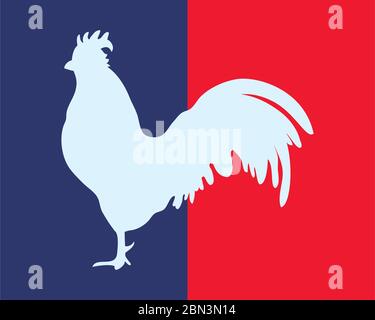 bastille Day Konzept, Flagge mit gallischen Hahn Symbol und französisch Flagge Design auf weißem Hintergrund, flacher Stil, Vektor-Illustration Stock Vektor