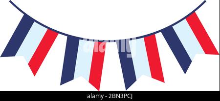 bastille Day Concept, dekorative Wimpel mit französisch Flagge Farben Design auf weißem Hintergrund, flacher Stil, Vektor-Illustration Stock Vektor