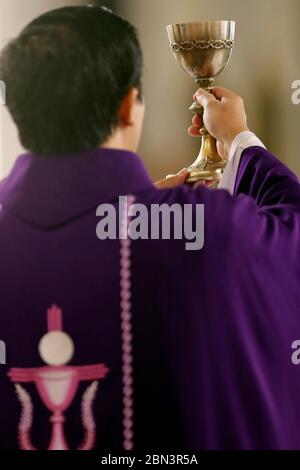 Katholische Messe. Priester trägt violette römische Chasuble. Eucharistiefeier. Höhe. Quy Nhon. Vietnam. Stockfoto