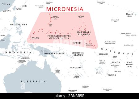 Mikronesien, Subregion von Ozeanien, politische Karte. Bestehend aus tausenden kleinen Inseln im westlichen Pazifik neben Polynesien und Melanesien. Stockfoto