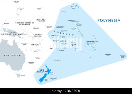 Polynesien, Subregion von Ozeanien, politische Karte. Eine Region, die aus mehr als 1000 Inseln besteht, die über den zentralen und südlichen Pazifik verstreut sind. Stockfoto