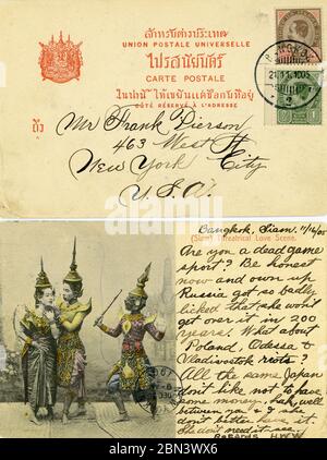 1905 Fotopostkarte's siam theatralische Liebeszene mit König rama V Ausgabe 3 Wert 5 atts Briefmarken von bangkok nach USA. Stockfoto