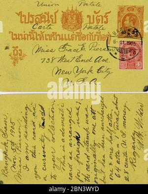 1905 Karteporto mit König rama V Ausgabe 3 Wert 5 atts Briefmarken von bangkok in die USA. Stockfoto