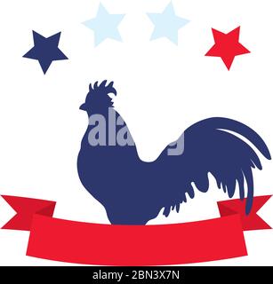 bastille-Tag-Konzept, gallischer Hahn mit dekorativem Band und Sternen auf weißem Hintergrund, flacher Stil, Vektor-Illustration Stock Vektor
