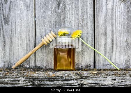 Löwenzahn Blumen Honig auf altem Holz Hintergrund, Vintage Hintergrund. Stockfoto