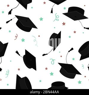 Graduate Caps in der Luft, nahtloses Muster. Vektor Cartoon Grad Hüte in verschiedenen Positionen auf weißem Hintergrund isoliert Stock Vektor