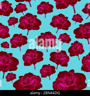 Rosa Rosen auf dem blauen Hintergrund. Handgezeichnete Illustration. Nahtloses Muster. Stockfoto