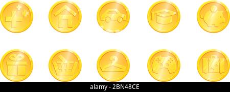 Monatliche Ausgaben Goldmünzen Symbole auf weißem Hintergrund gesetzt. Symbole für Finanzpläne. Zeichen für Geldzahlungen. Symbol für Vektorbudget. Gesundheit Haus Auto Bildung Einsparungen Geschenk Waren Shopping Freizeit Reisen. Stock Vektor